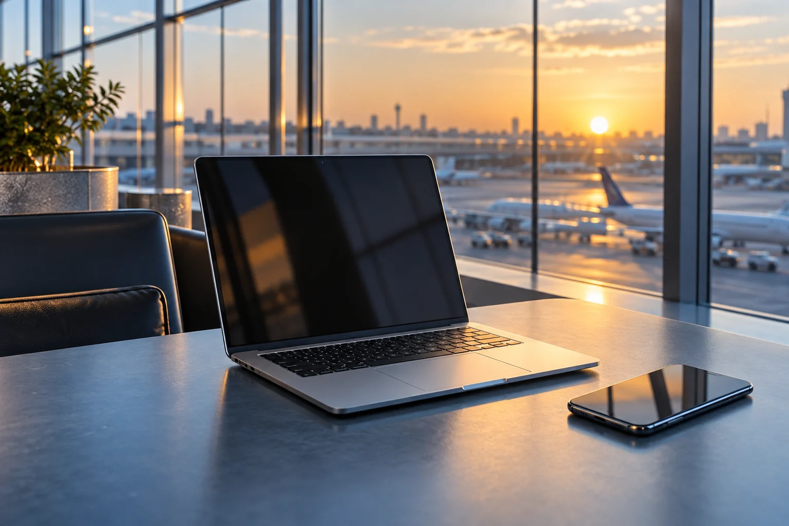 机场休息区桌面上的笔记本电脑与手机